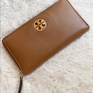Tory Burch Carson Zip Long Wallet, Brown Pebbled Leather